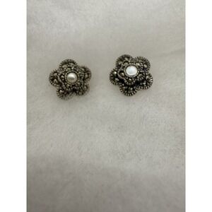 Judith Jack Pearl & Marcasite Stud Earrings 925 Sterling Silver JJ Thailand